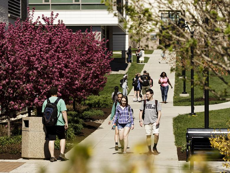 Students on the path up to Gaige and Franco buildings